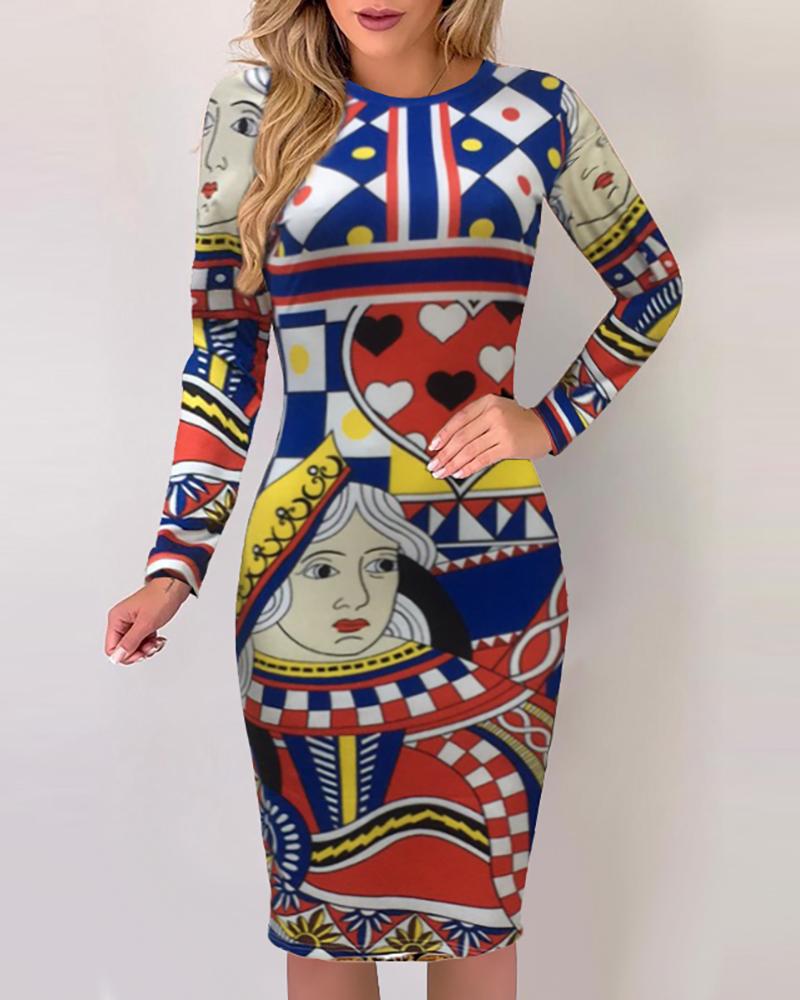 

Poker Print Long Sleeve Midi Dress, Multicolor