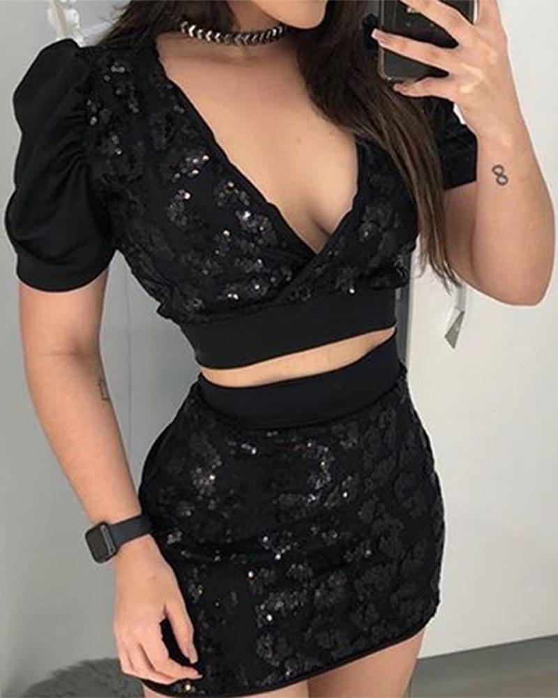 

V-neck Short-sleeved Mesh Sequins Two-piece Suit