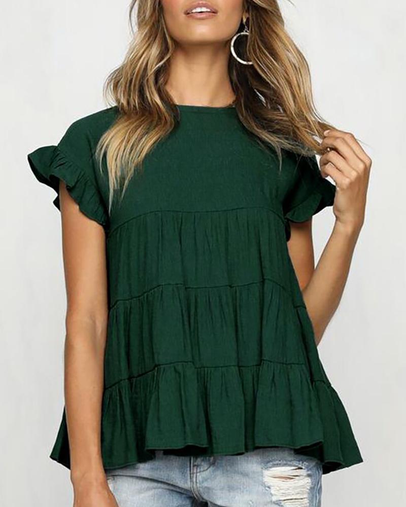 

Round Neck Ruffles Short Sleeve Blouse, Green