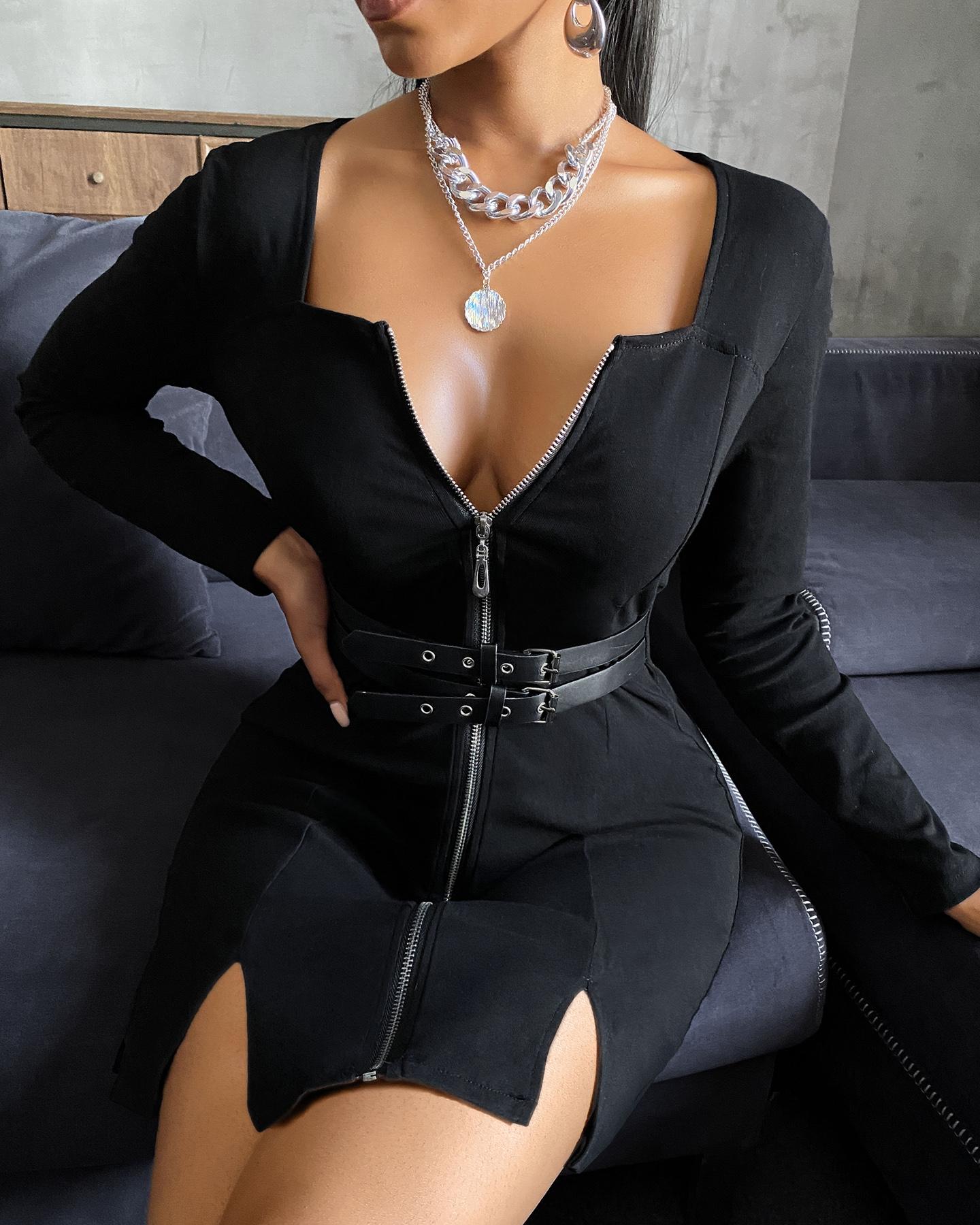

Eyelet Buckled Zipper Design Bodycon Dress, Black