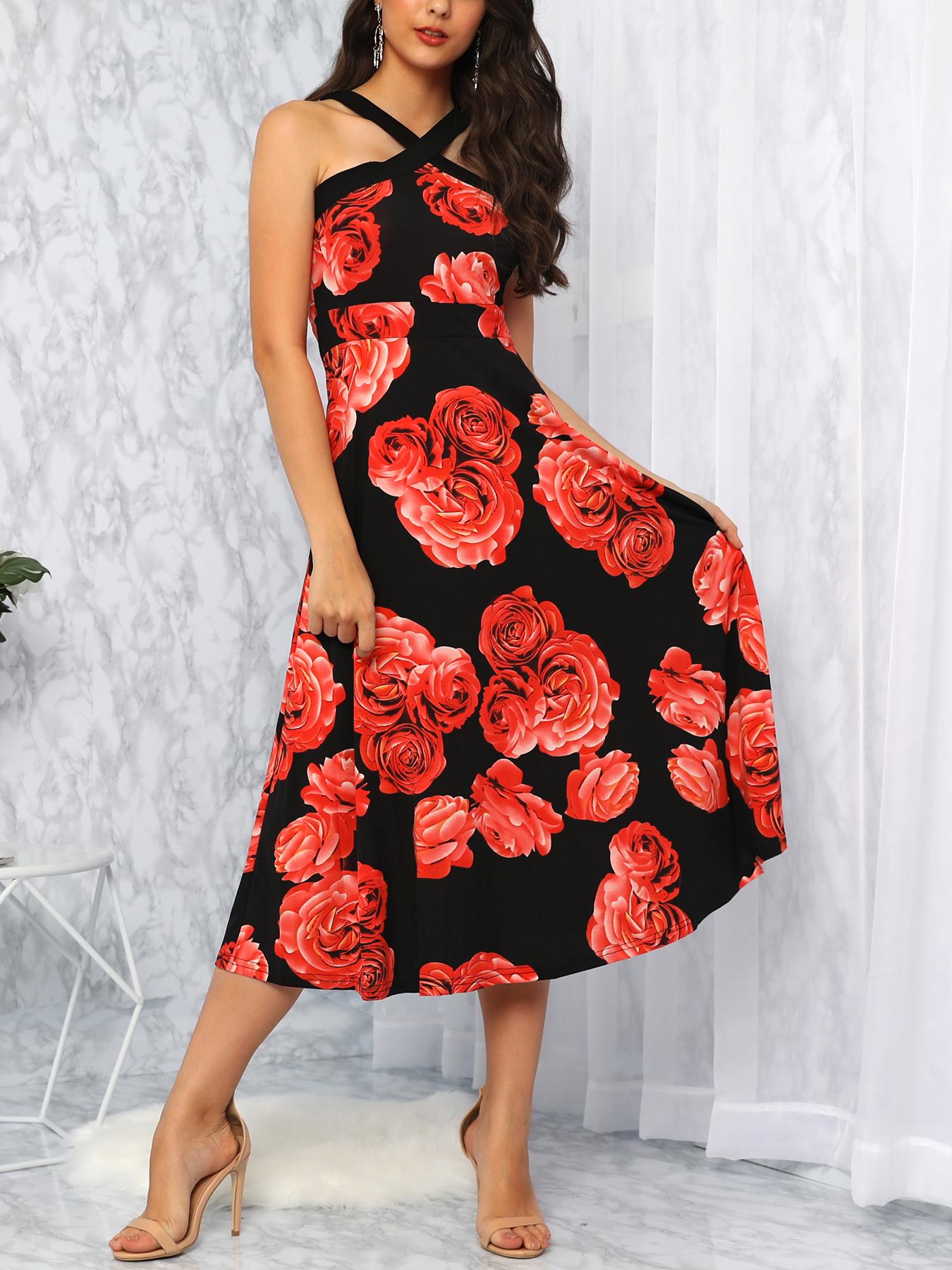 

Vintage Floral Print Halter Sleeveless Dress