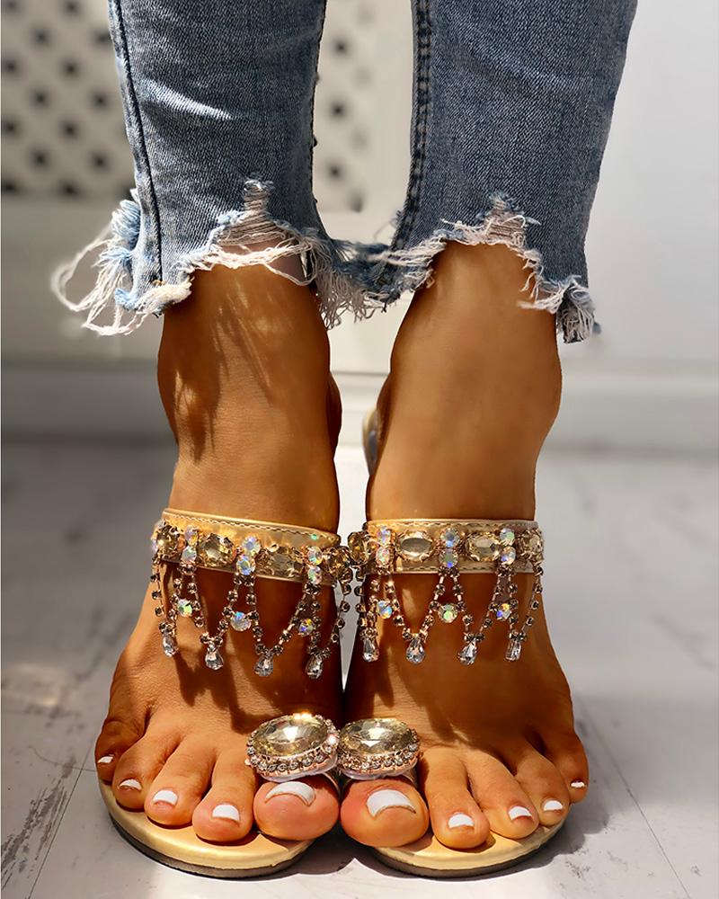 

Studded Detail Toe Ring Casual Sandals, Gold