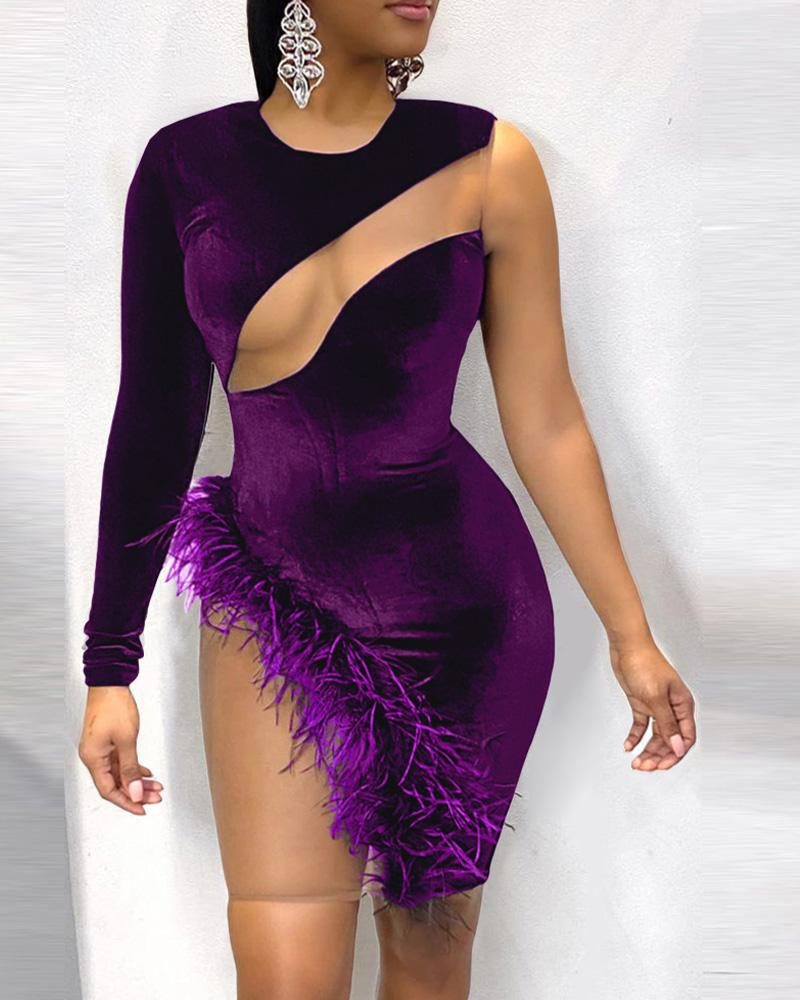

Fluffy Trim Sheer Mesh Bodycon Dress, Purple