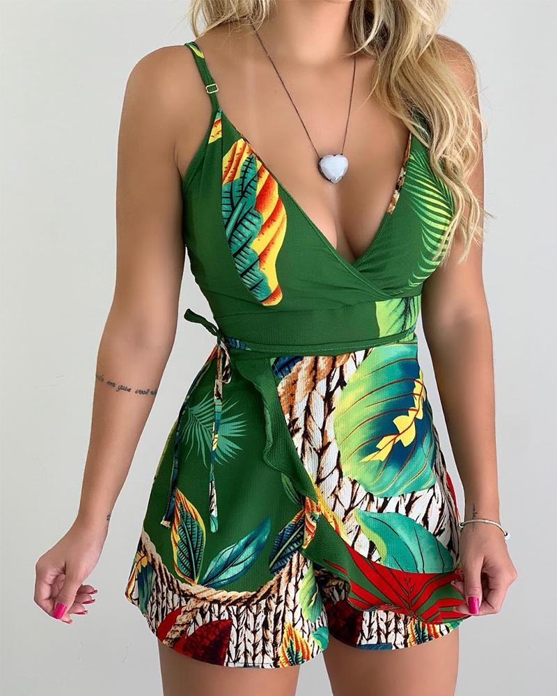 

Tropical Print V Neck Romper, Green