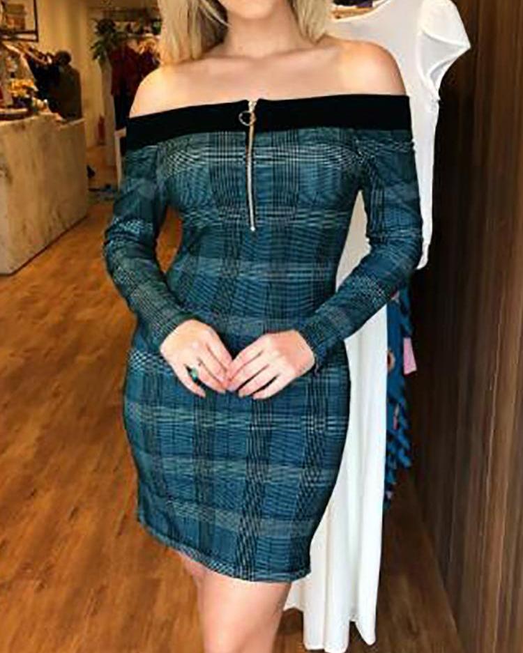 

Binding Plaid Print Zip Up Bodycon Dress, Blue