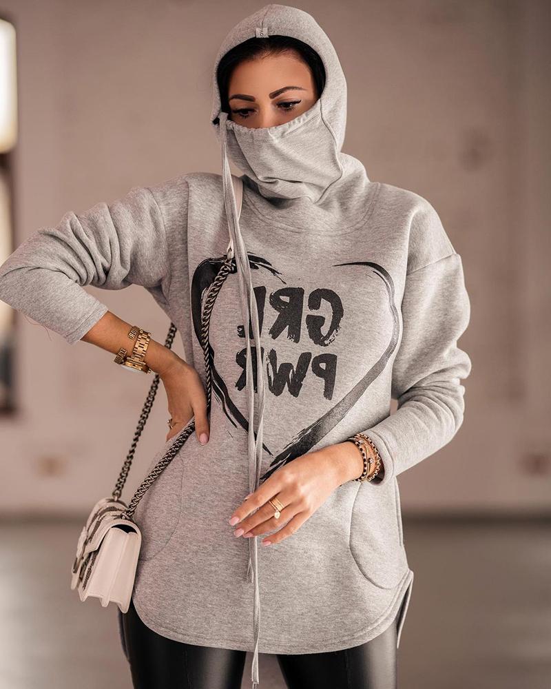 

Letter Print Side Slit Mask Design Hooded Top, Gray