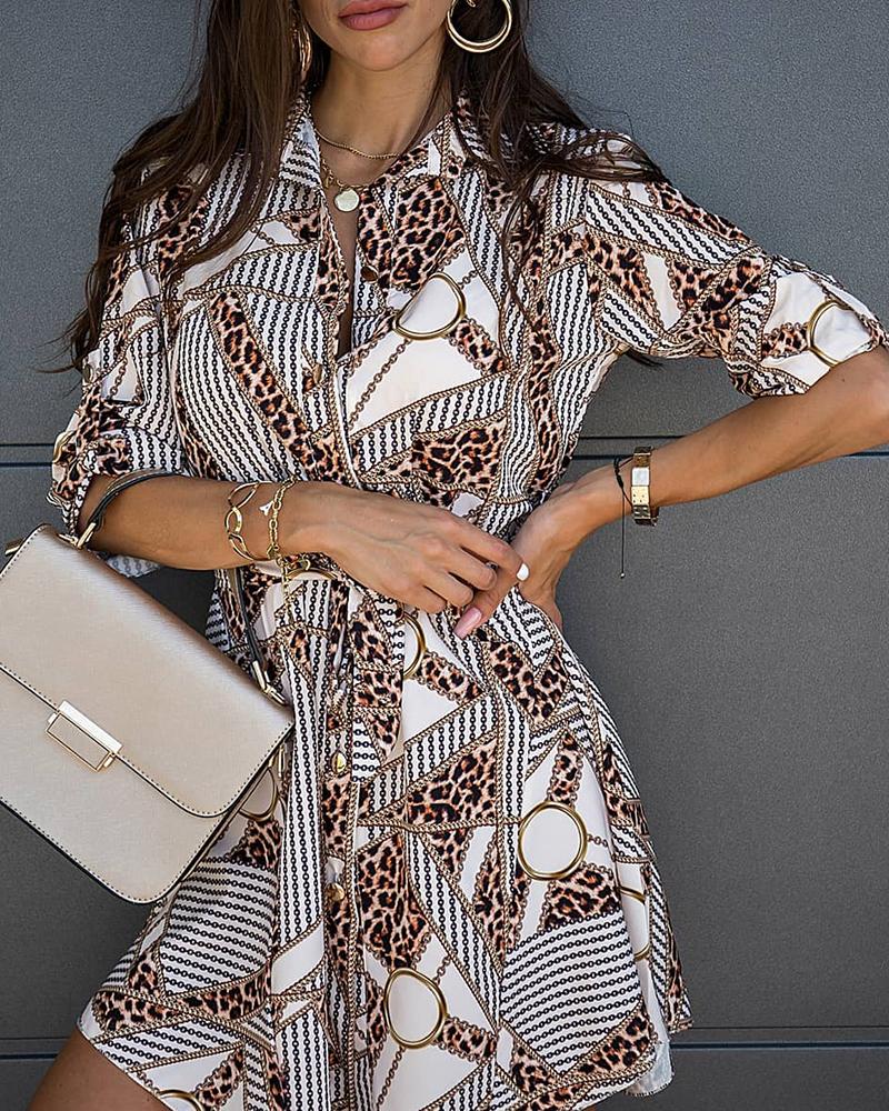 

Chain Cheetah Print Button Design Shirt Dress, White
