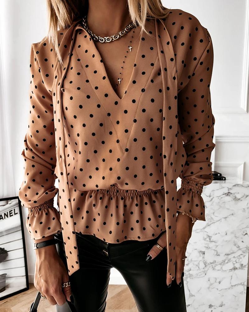 

Dots Ruffles Long Poet Sleeve Lace-up Blouse, Khaki