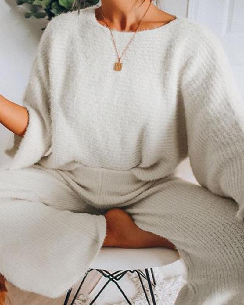 

Fluffy Plain Long Sleeve Top & Pants Set, White