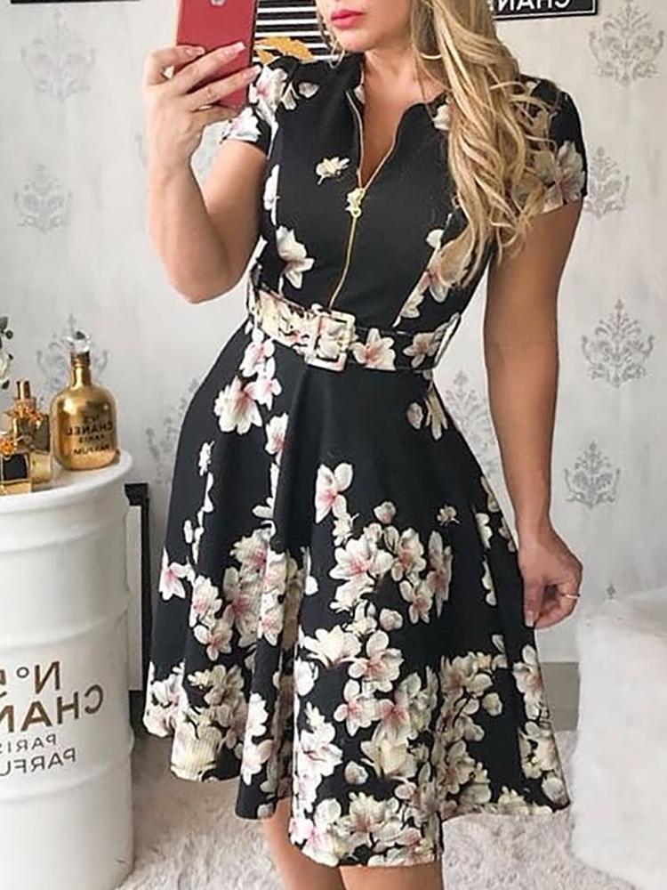 

Floral Print Off Zipper Belted Pleated Dress, Black