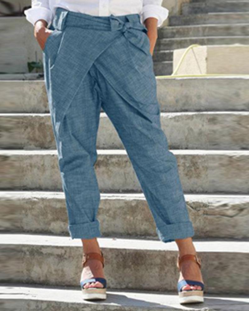 

Cross Over Design Tie Waist Pants, Green