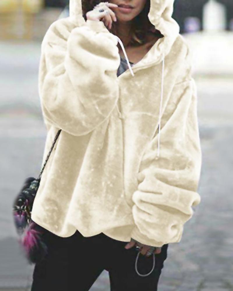 

Solid Hooded Drawstring Fluffy Sweatshirt