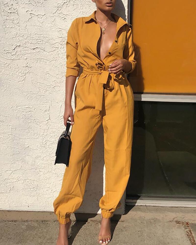 

Solid Turn-down Collar Buttoned Cuffed Cargo Jumpsuit, Yellow