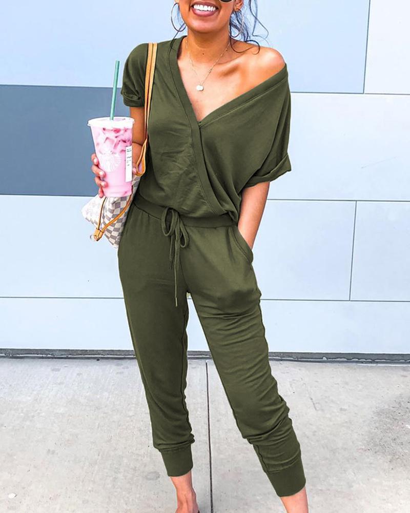 

V-neck Short Sleeve Casual Jumpsuit, Army green