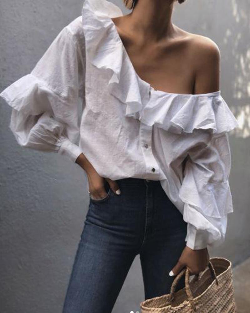 

Ruffle Trim Bishop Sleeve Blouse
