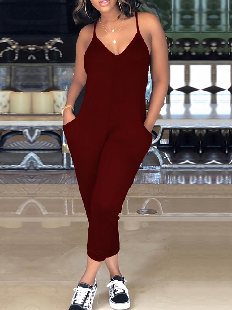 

Solid Racer-Back Loose Slip Casual Jumpsuit