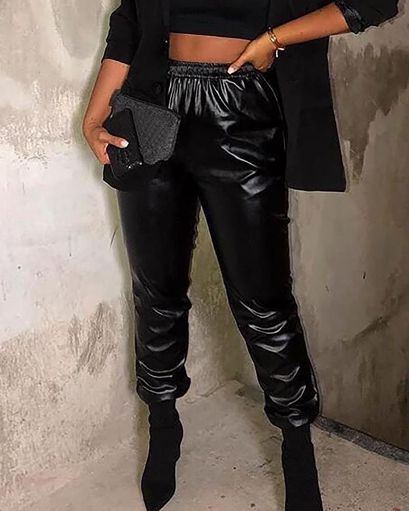

Solid High Waist Drawstring PU Slinky Pants