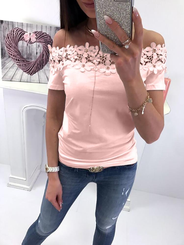 

Crochet Flower Applique Off Shoulder Top, Pink