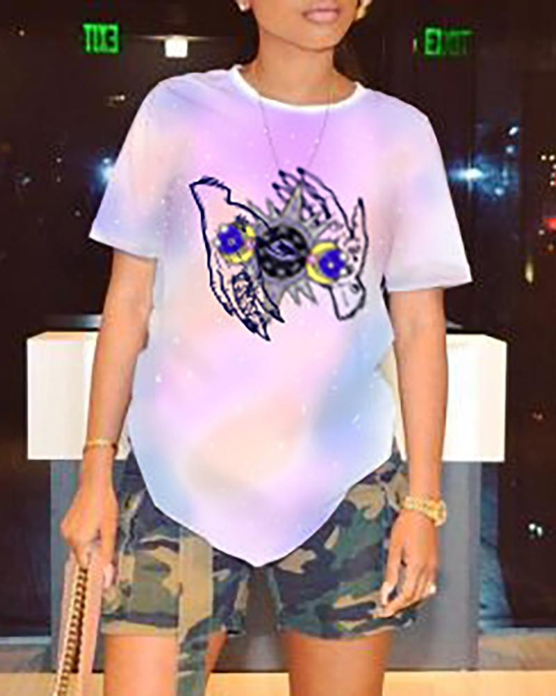 

Digital Print Short Sleeve Casual T-shirt, Multicolor