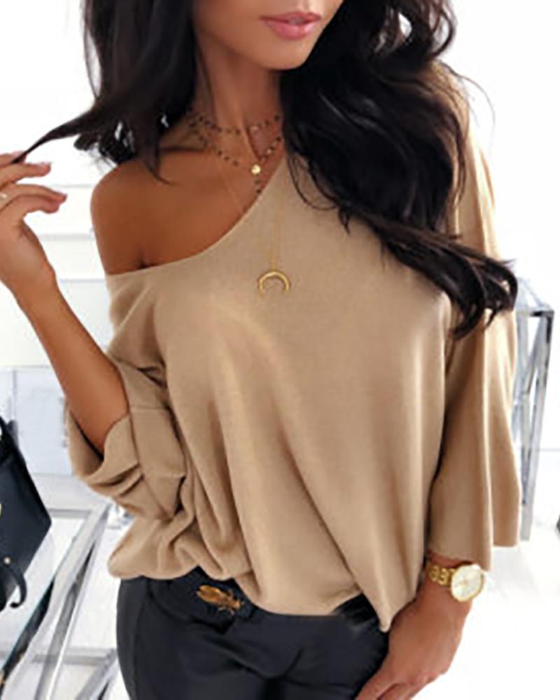 

Solid Round Neck Long Sleeve Casual Blouse, Khaki