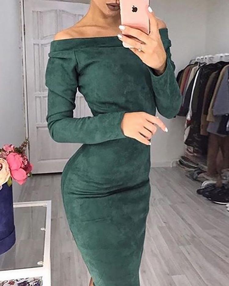 

Off Shoulder Long Sleeve Suede Midi Dress, Green
