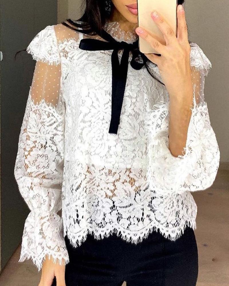 

Crochet Lace BowKnot Casual Blouse, White