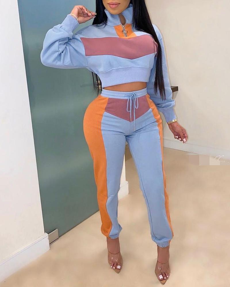 

Colorblock Insert Zipper Design Crop Top & Drawstring Pants Sets, Blue