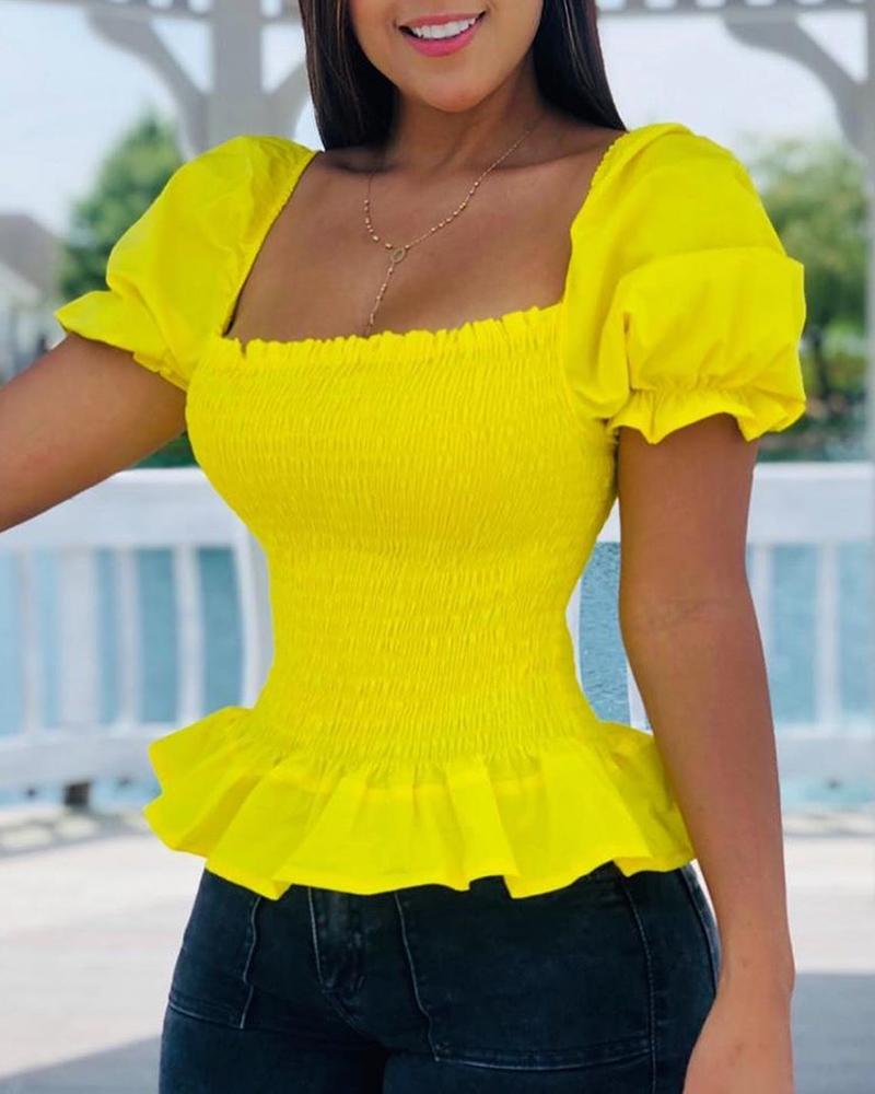 

Puffed Sleeve Shirring Waist Ruffles Blouse
