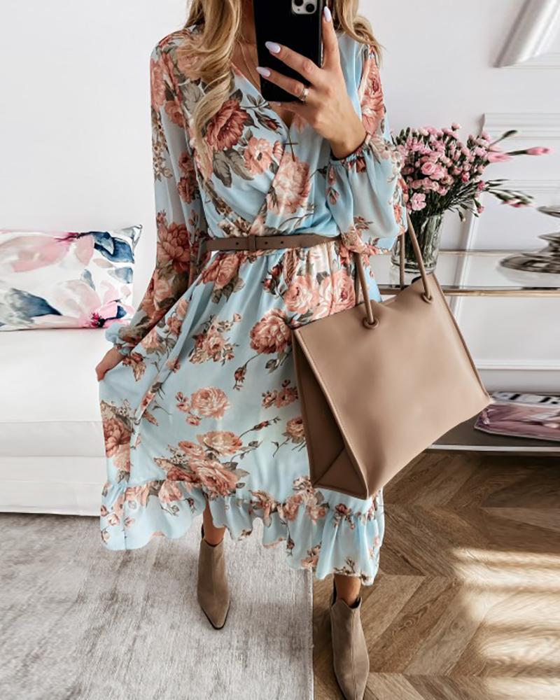 

Lantern Sleeve Floral Print Ruffles Wrap Dress, Light blue