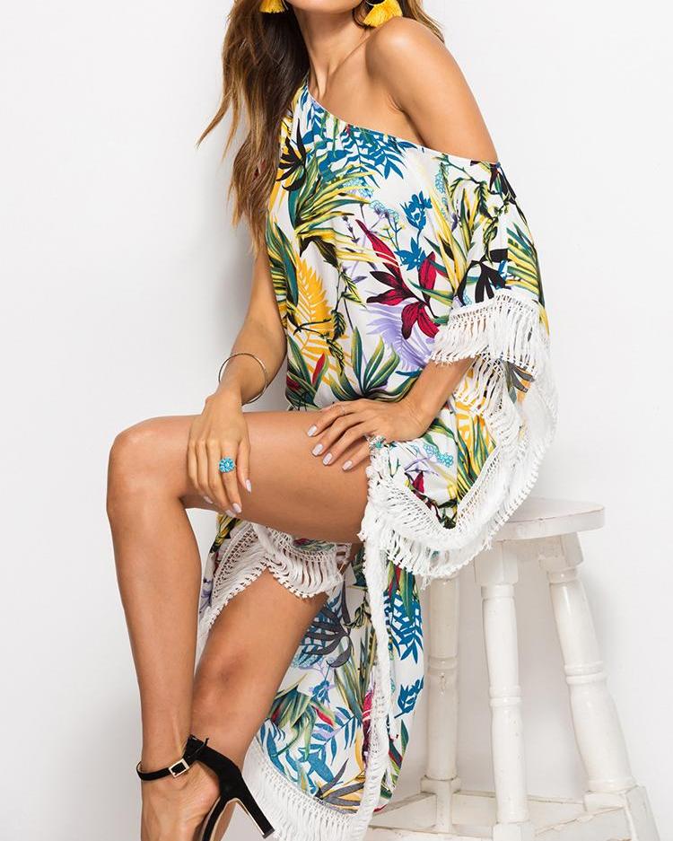 

Tassel Detail Skew Neck Slit Printed Kaftan Dress, White