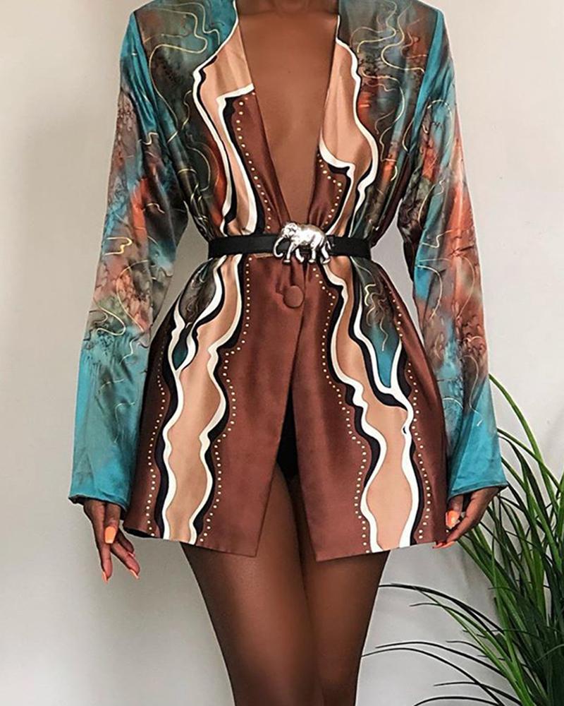 

Print Long Sleeve V Neck Blazer Dress, Brown