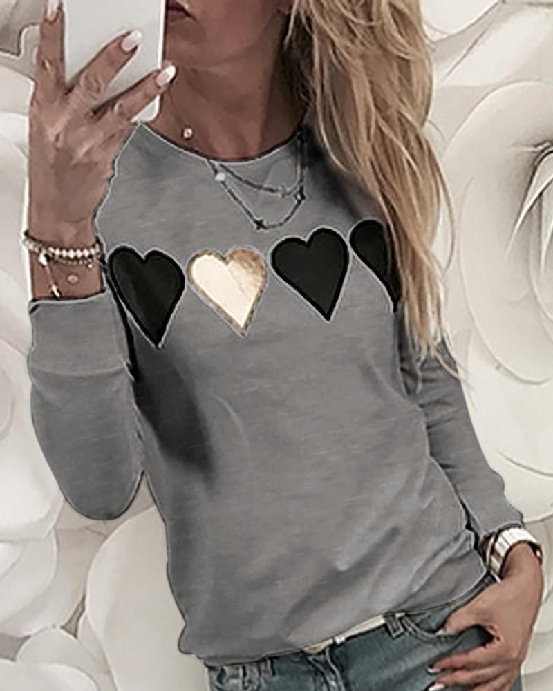 

Heart Stickers Long Sleeve Casual Sweatshirt, Gray