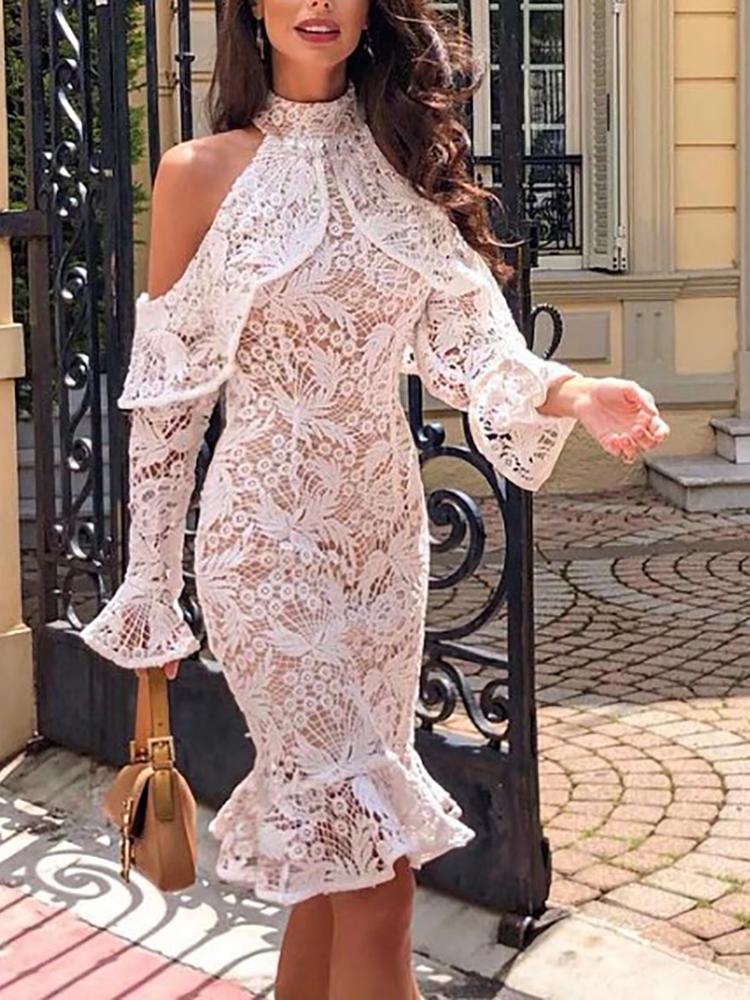 

Cold Shoulder Flounce Hem Lace Sheath Dress