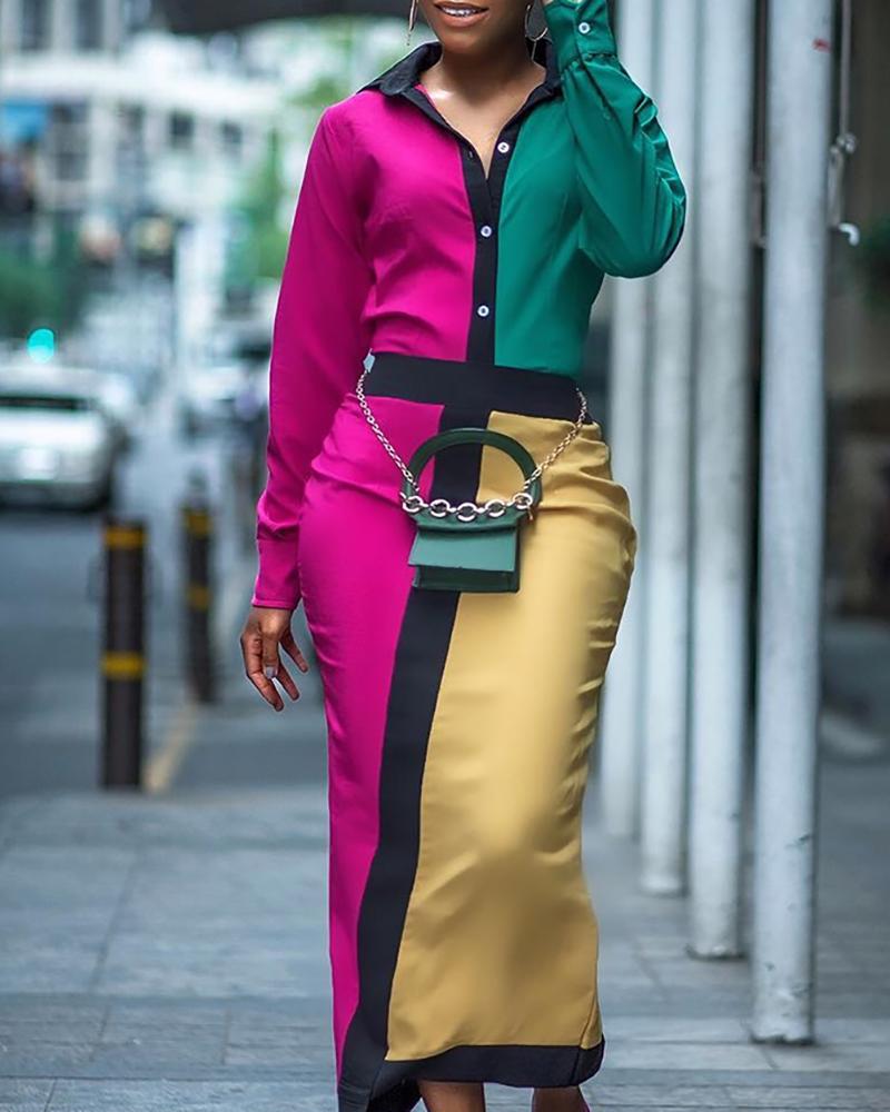 

Turn-down Collar Bottoned Colorblock Shirt Dress, Multicolor