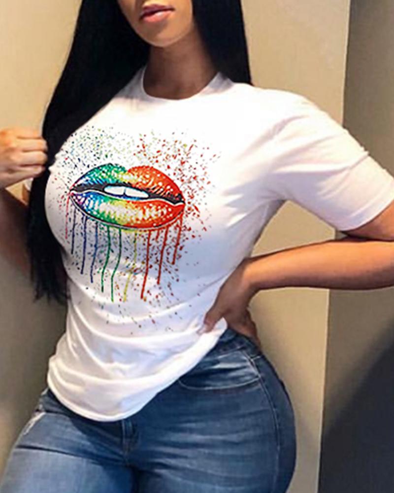 

Lip Print Colorblock Short Sleeve Casual T-shirt, White