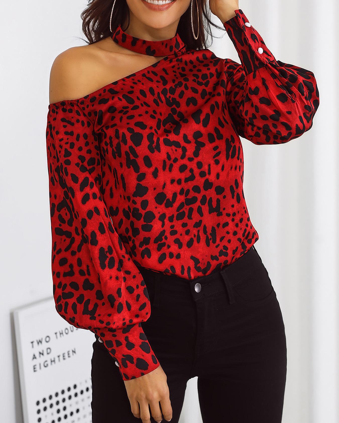 

Leopard Print Choker Cut Out Shoulder Blouse, Red