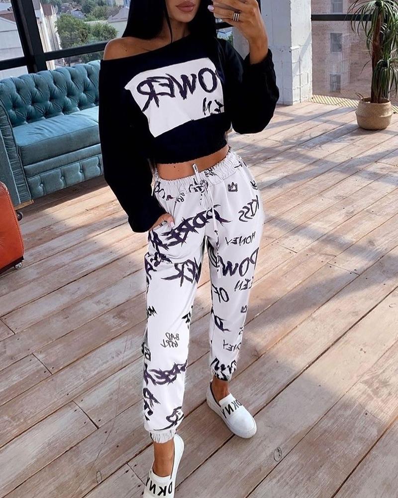 

Letter Print Long Sleeve Crop Top & Drawstring Pants Set, White