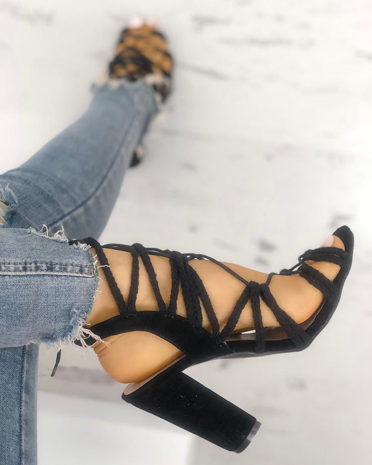 

Braided Strappy Chunky Heeled Sandals, Black