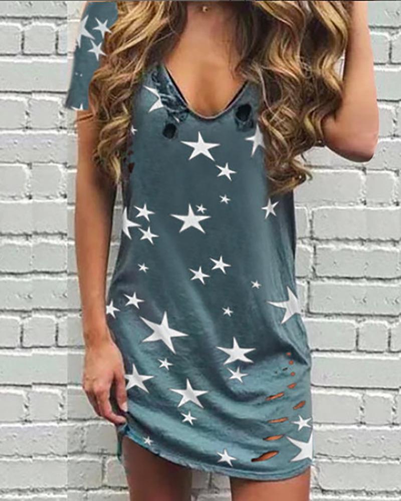 

V-neck Star Print Cut Out T-shirt, Gray