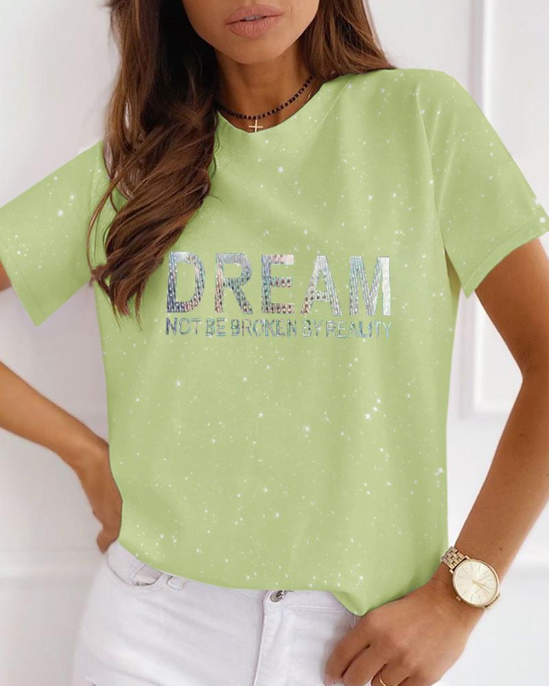 

Letter Print Short Sleeve Casual T-shirt, Green