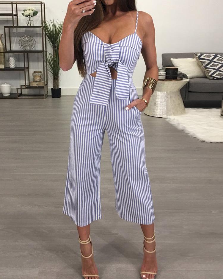 

Low Cut Strappy Open Back Flared Jumpsuit, Blue
