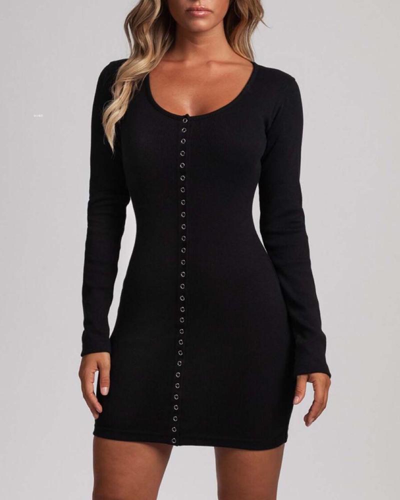 

Solid Long Sleeve Buttoned Bodycon Dress, Black
