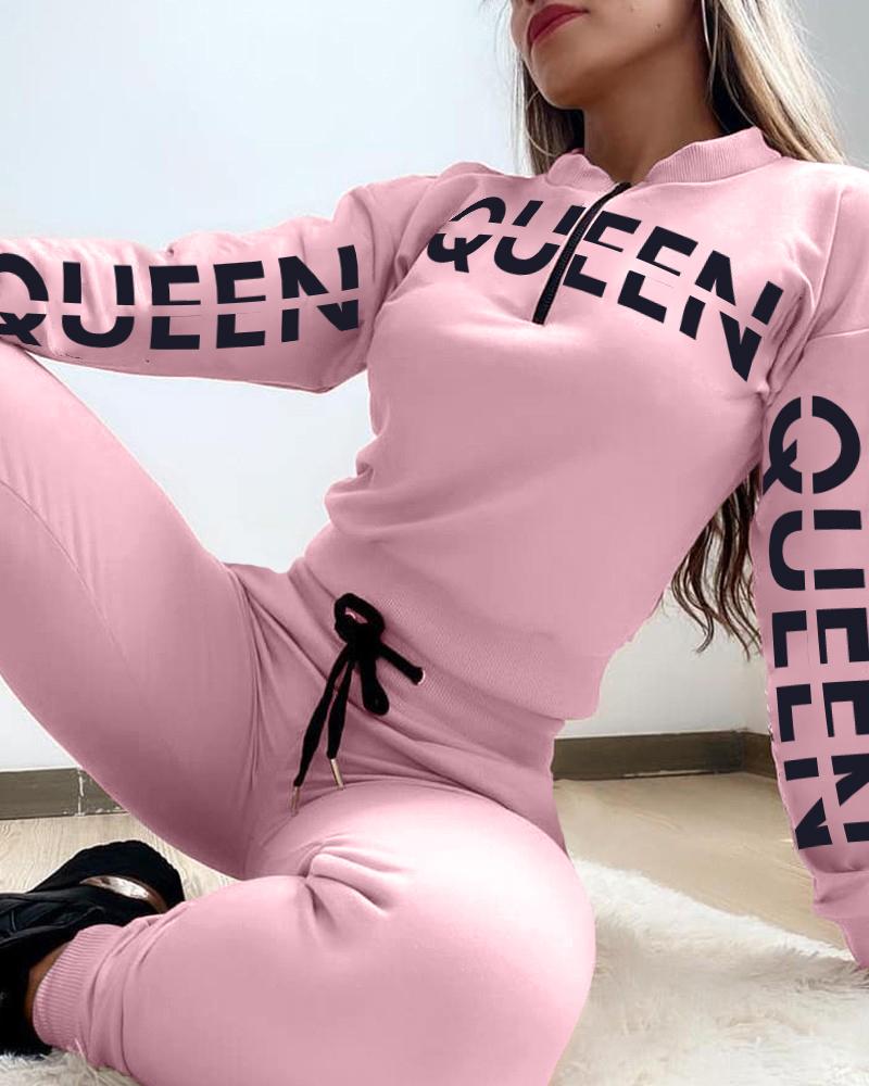 

Letter Print Zipper Design Top & Drawstring Pants Set, Pink