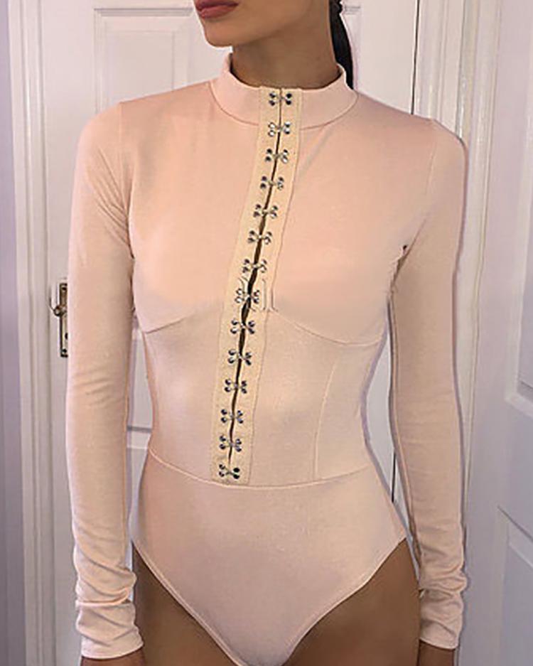 

Solid Long Sleeve Buttoned Up Bodysuit, Beige