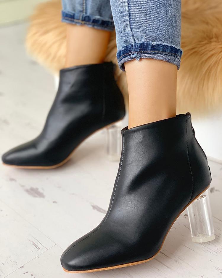 

PU Zipper Up Back Transparent Chunky Heeled Boots, Black