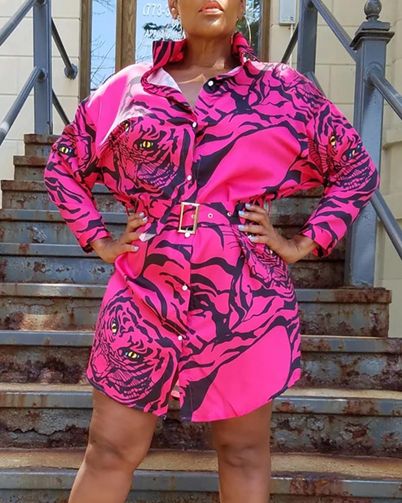 

Turn-down Collar Tiger Print Casual Shirt Dress, Hot pink