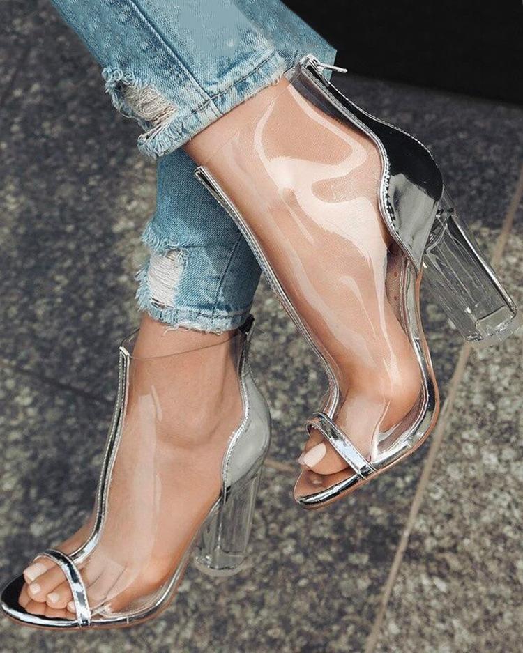 

Fashion Transparent Zipper Thick High Heels Sandals, Silver
