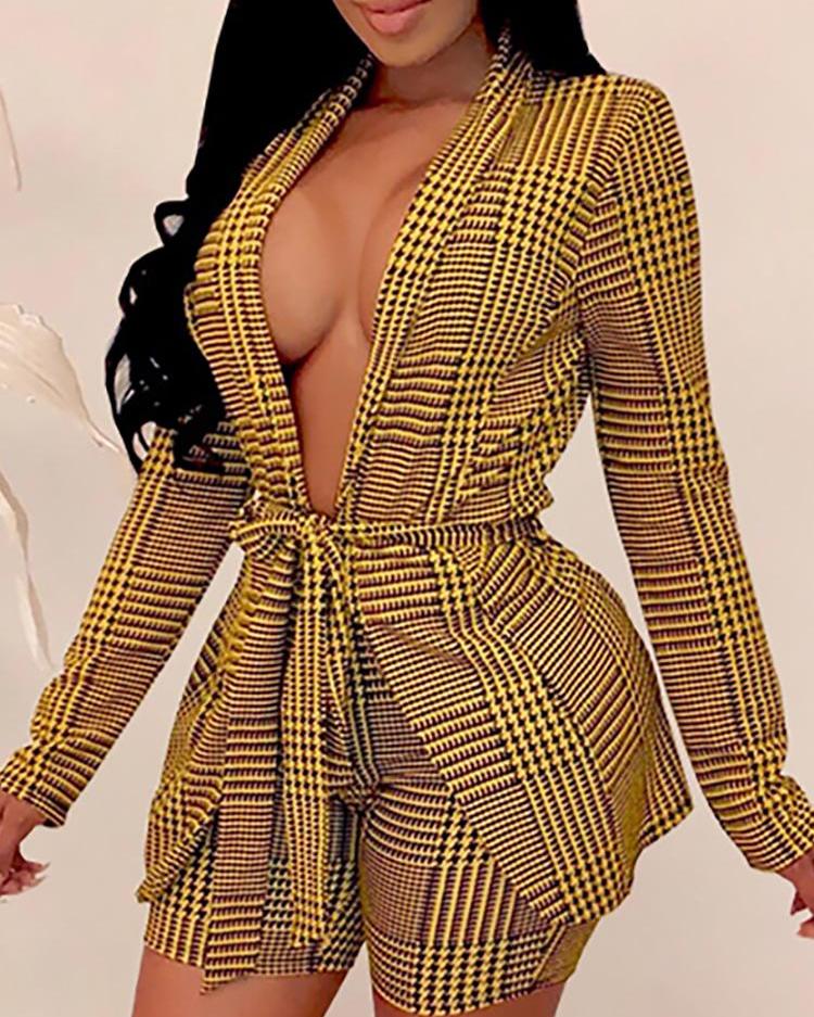 

Plaid Open Front Belted Blazer & Short Sets, Yellow