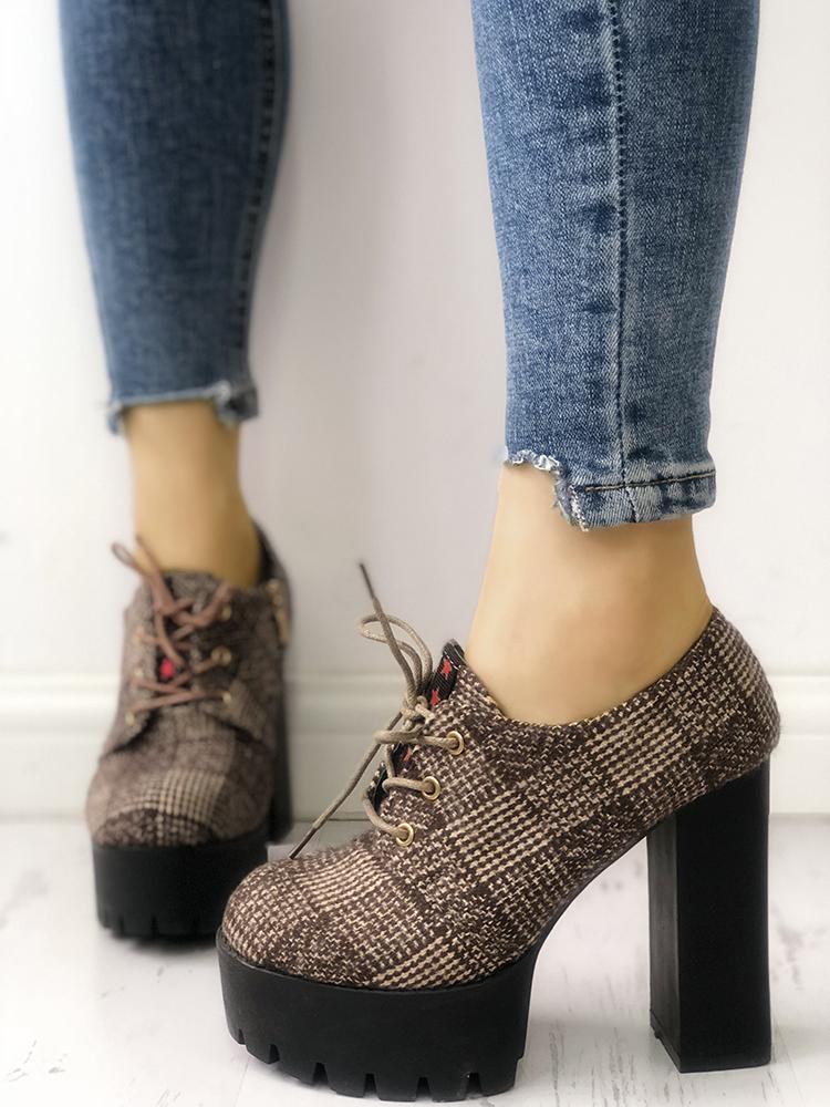 

Plaid Print Lace-Up Eyelet Platform Chunky Heels