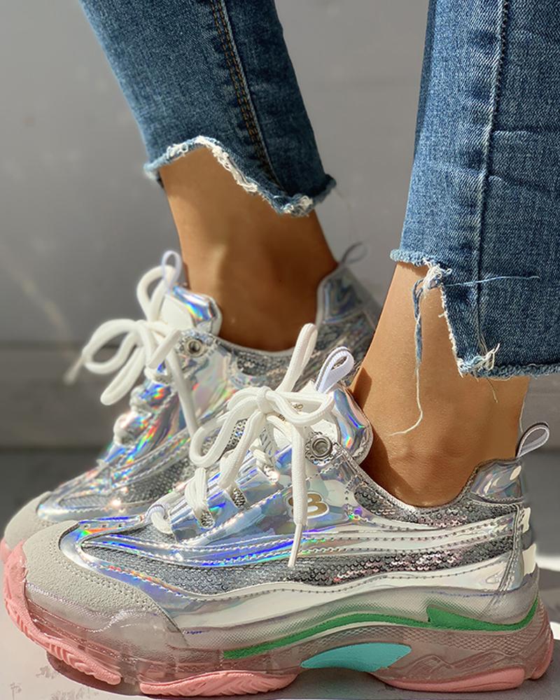 

Glitter Colorblock Breathable Lace-up Sneakers, Silver